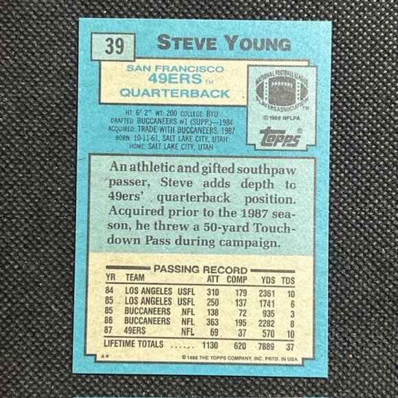 1988 Topps Steve Young #39 San Francisco 49ers HOF - Picture 2 of 2